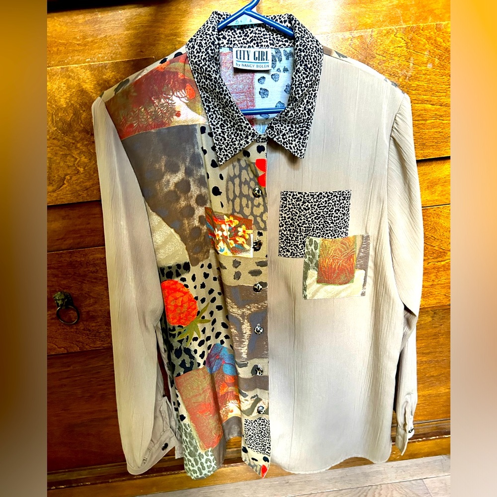 #90s #Sheer women’s animal print patchwork button up. #City girl by Nancy Bolen